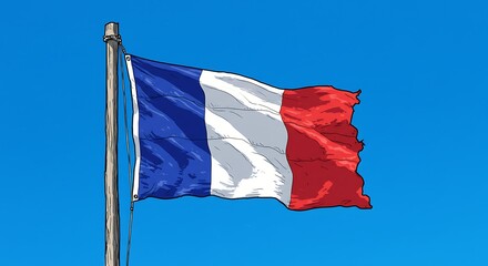 Two national flags of France and one flag of Italy are waving in the blue sky, symbols of European pride