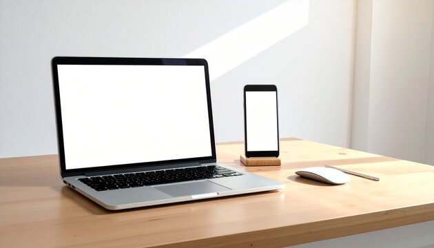 Workspace Essentials Laptop and Smartphone on a Wooden Desk, Ready for Work or Play