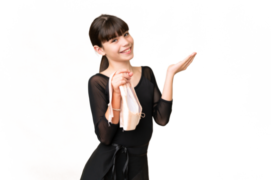 Little caucasian girl practicing ballet over isolated background extending hands to the side for inviting to come