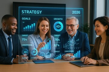 Strategic business meeting on growth goals corporate office data presentation professional environment collaborative viewpoint future planning