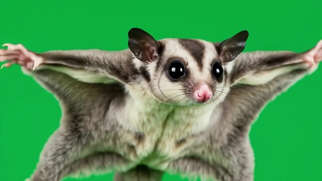 Sugar glider in mid-air against a green background