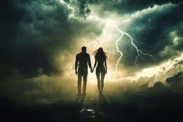 Couple standing together against a stormy backdrop with lightning and dark clouds