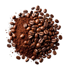 Pile of coffee beans and powder with ground coffee isolated on transparent background