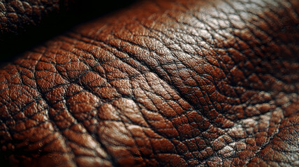 Closeup of brown leather surface with detailed grain and wrinkles