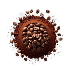 Pile of coffee beans and powder with ground coffee isolated on transparent background