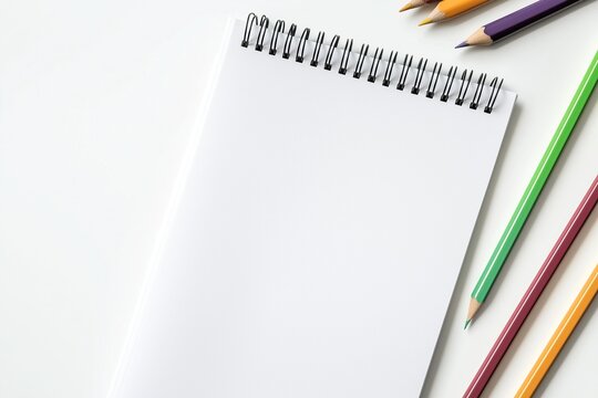 White spiral notebook with colored pencils and crayons on empty table white background minimalistic composition copy space
