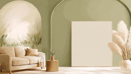 A light-filled, minimalist living room showcases a muted sage green color scheme, accented with cream-colored furnishings and decorative pampas grass.