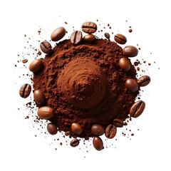 Pile of coffee beans and powder with ground coffee isolated on transparent background