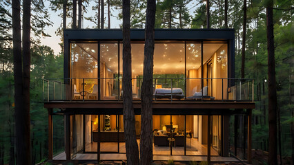 Elevated glass-walled house among tall trees with a private balcony and hanging lights
