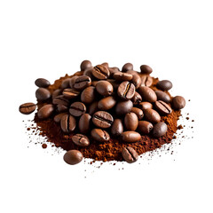 Pile of coffee beans and powder with ground coffee isolated on transparent background
