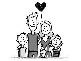 Happy cartoon family with two kids and a pet cat lovingly embraces beneath a floating black heart shape.