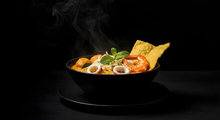 "Japanese gyoza dumplings on a ceramic plate, crispy edges, light steam escaping, minimalist styling, side view, white background."