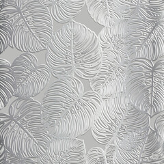 3d emboss luxury tropical seamless pattern with relief line art monstera leaves. Vector beautiful background with embossed surface silver leaves. Hand drawn textured 3d design with embossing effect.