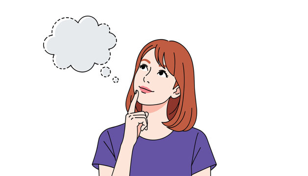 Vector art of young woman with short brown hair and a purple shirt thinking with a thought bubble above her head 