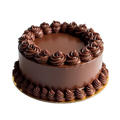Birthday chocolate cake with swirled frosting and decorative border isolated on transparent background