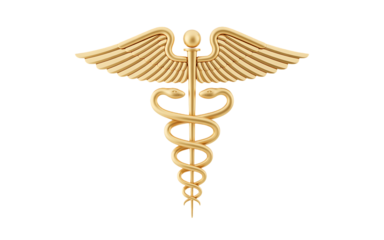 Golden caduceus medical symbol isolated on transparent background, a traditional emblem of medicine and healthcare, representing healing, and the medical profession