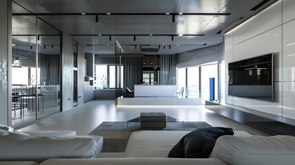 modern apartment with mirror illusion design, reflective walls, infinity effect, futuristic clean style, cinematic 16:9