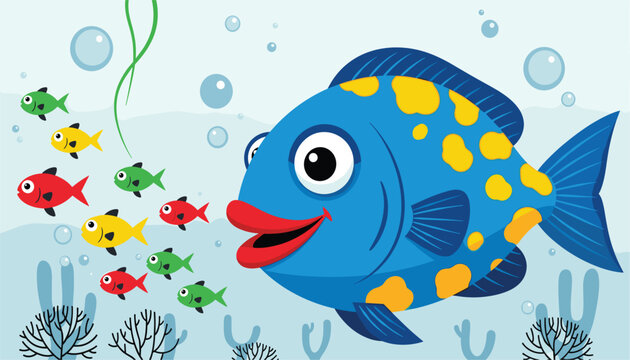 Vector art of a large, friendly blue fish with yellow spots swims alongside a school of smaller, colorful fish in a whimsical underwater scene with bubbles and seaweed 