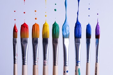 A vibrant spectrum of paintbrushes with colorful bristles arranged in a row showcasing a rainbow of hues dripping onto a white surface