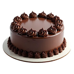 Birthday chocolate cake with swirled frosting and decorative border isolated on transparent background