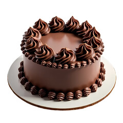 Birthday chocolate cake with swirled frosting and decorative border isolated on transparent background