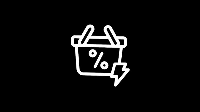 Shopping basket with percentage symbol and lightning bolt on black background.