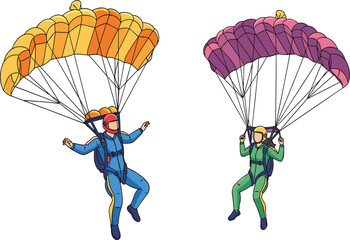 Skydiving adventure illustration, extreme sport activity, man and woman parachuting, outdoor adrenaline experience, colorful parachute flight, sky jump performance, freedom, exploration