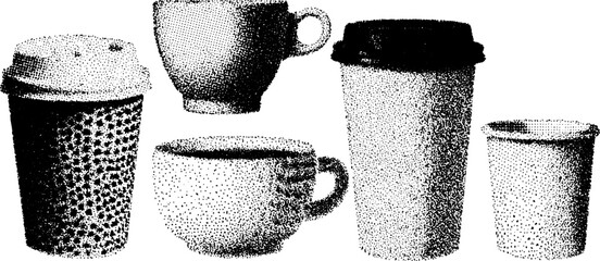 Cups and mugs set for coffee drinks. Simple, textured vector illustration in black and white.