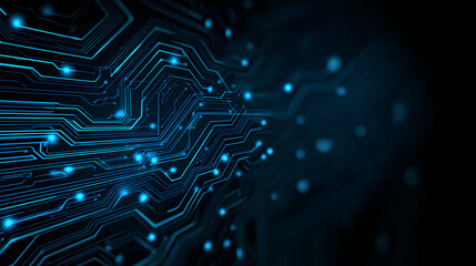 Circuit blue board texture on black technology web banner background. AI chip innovation concept. Tech pattern on a futuristic backdrop. Digital vector illustration Stock Vector