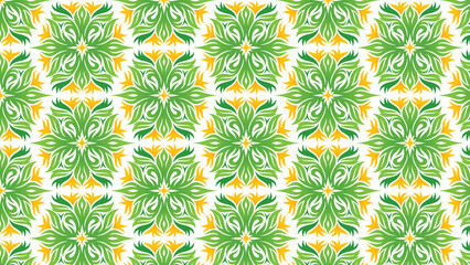 Vibrant green and yellow watercolor floral pattern with intricate symmetrical designs and organic flowing shapes