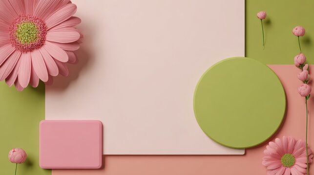 A pink and green palette with flowers. Pink and green daisy flower. Mockup. 