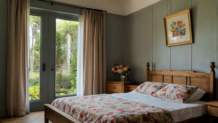 interior of a bedroom, Country-style room with floral bedding, wooden furniture, and large windows opening to a garden