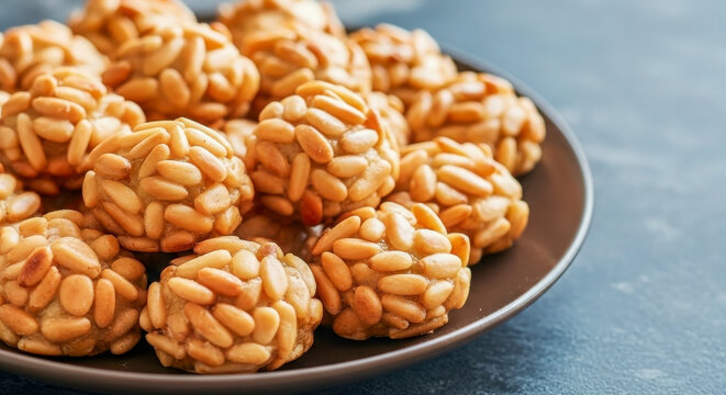 close-up of a plate of Panellets, a traditional Catalan and Spanish marzipan sweet typically prepared for the All Saints' Day (Castanyada) celebration.