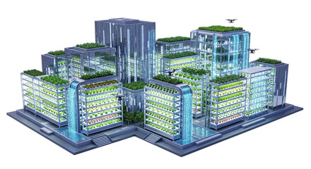 Futuristic vertical farm complex with transparent structures and lush greenery isolated on transparent background