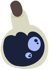 Glass potion bottle with dark liquid and eyeball, Halloween cartoon clipart.