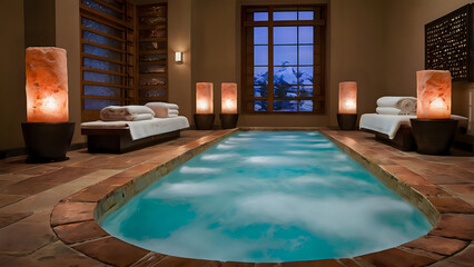 luxury hotel room, Indoor water feature, soft white towels, Himalayan salt lamps, and massage beds
