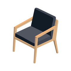 Isometric Armchair Vector. Modern Wood Frame Chair with Dark Fabric Cushion for Home Decor
