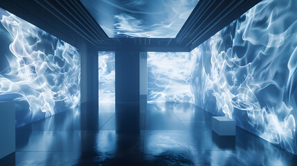 interior with AI-generated wall patterns, abstract flowing textures, futuristic digital art integrated into walls, cinematic 16:9