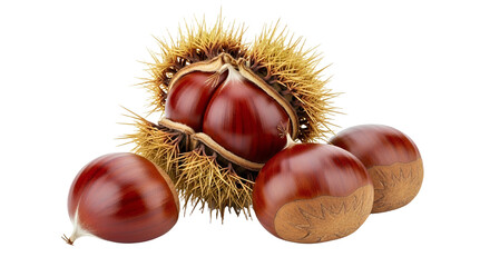 Ripe Chestnuts and Spiky Burr Isolated Transparent Background