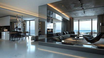 modern apartment with mirror illusion design, reflective walls, infinity effect, futuristic clean style, cinematic 16:9