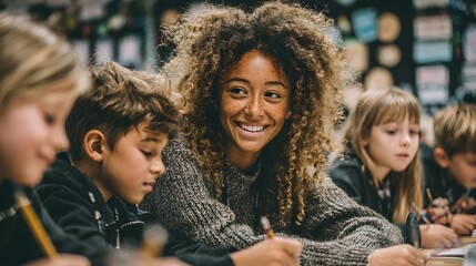 A cheerful teacher is assisting students at their desks du an engaging lesson in the classroom today.