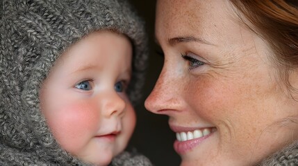 A loving mother with freckles gazes adoly at her blue eyed baby in a knitted cap indoors lovingly.
