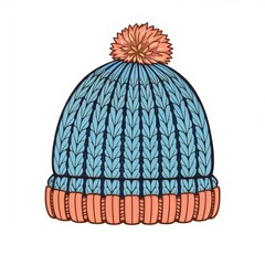 Winter beanie hat with pom-pom, knitted design, blue and orange colors, warmth and style