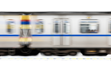 Blurred train car moving quickly on the tracks isolated on transparent background