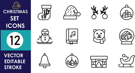 The image displays a Christmas icon set with twelve outlined vector designs including stockings, Santa hat, reindeer antlers, snowman, music book, bear, snow globe, and sleigh