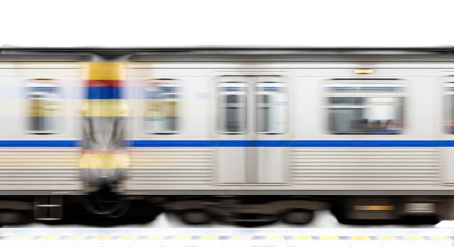 Blurred train car moving quickly on the tracks isolated on transparent background