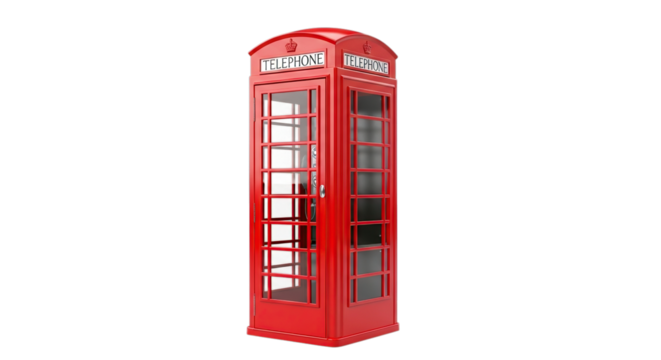 Classic red telephone booth standing tall isolated on transparent background