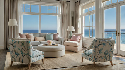 modern living room, Light-filled room with ocean breeze, linen curtains, and pastel furniture tones