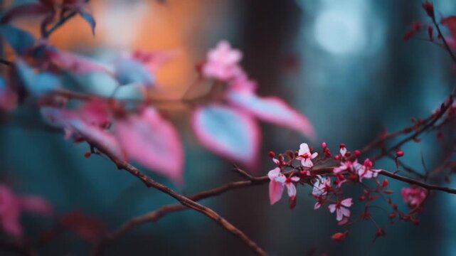 Close up of delicate pink and blue leaves with small white flowers