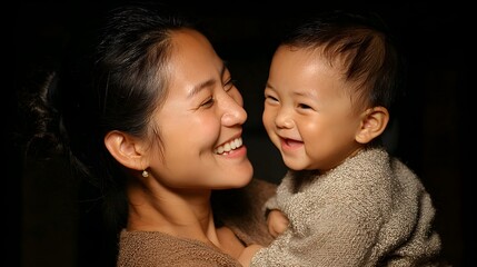 A joyful mother lovingly holds her adorable baby close, both sha radiant smiles against a dark background.